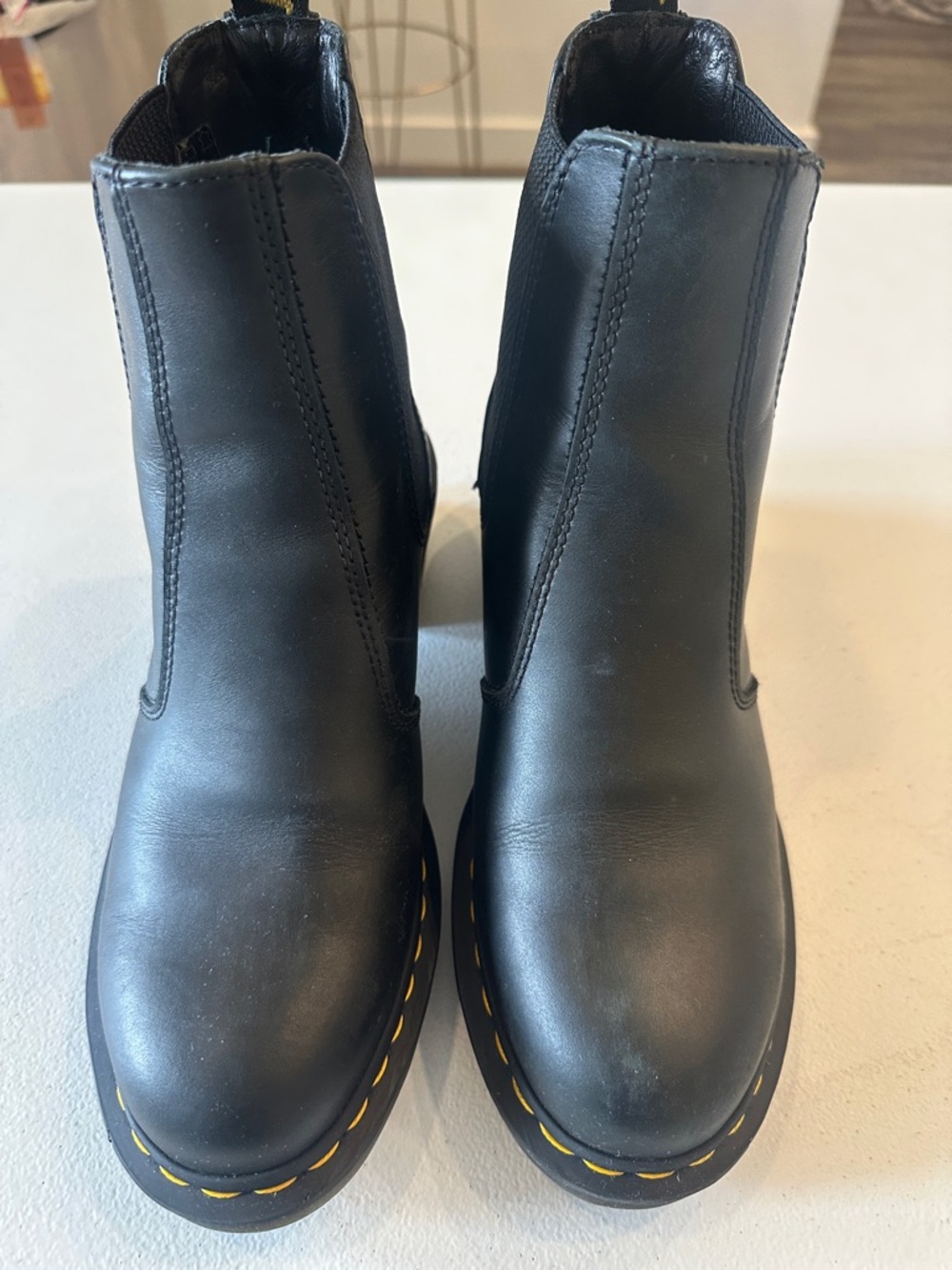 Dr. Martens Black Leather Ankle Boots with Yellow Stitching